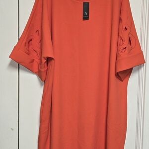 Natori Dress XL Knit Crepe Embroidered Sleeves Pockets NWT Original $170 FLAWED